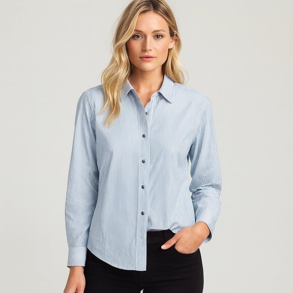 Off-White Virgil Abloh Blue Striped Long Sleeve Button-Up Shirt Graphic Back S - Picture 2 of 16